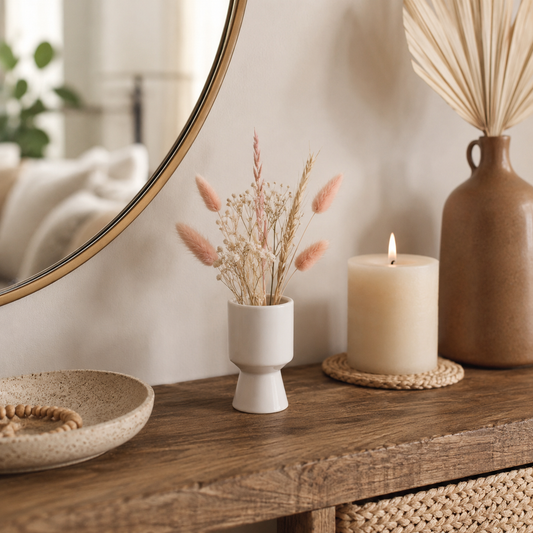 A styled boho interior scene showing a small white ceramic pedestal vase holding dried pink and beige flowers, next to a lit cream candle on a woven coaster, with a brown ceramic bottle and a round mirror in the background.