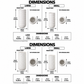 A size comparison chart showing dimensions for large and small white textured plastic caps, with front views, top opening views, and labeled measurements in inches.