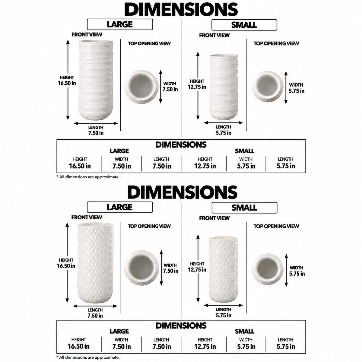 A size comparison chart showing dimensions for large and small white textured plastic caps, with front views, top opening views, and labeled measurements in inches.