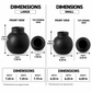 A dimension comparison chart showing large and small views of a matte black spherical vase. The chart includes front, top opening, and side views with labeled measurements for height and width, plus a summary table of dimensions at the bottom.