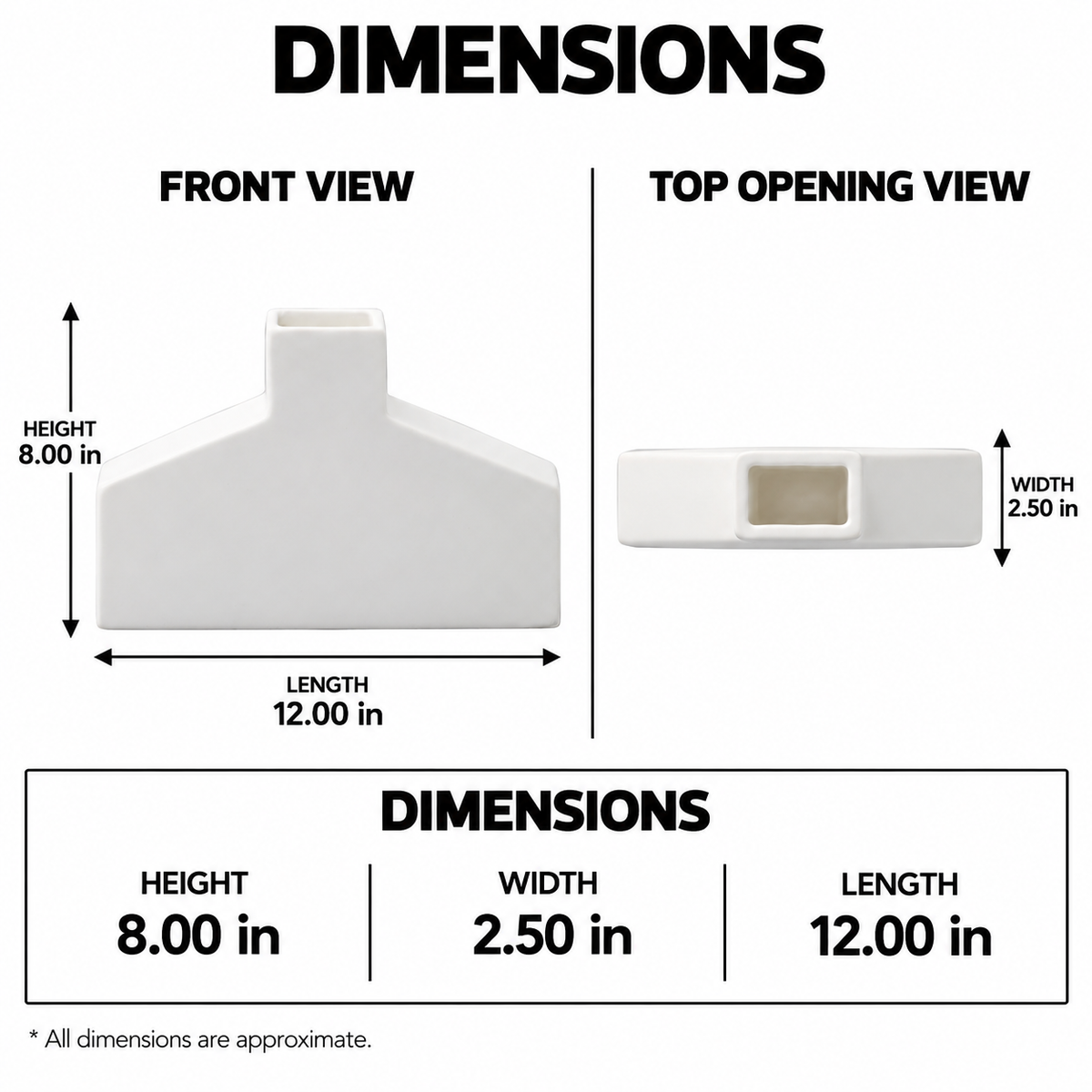 A dimension diagram showing a white plastic tag or label holder from front and top opening views, with measurements labeled as 8.00 in height, 12.