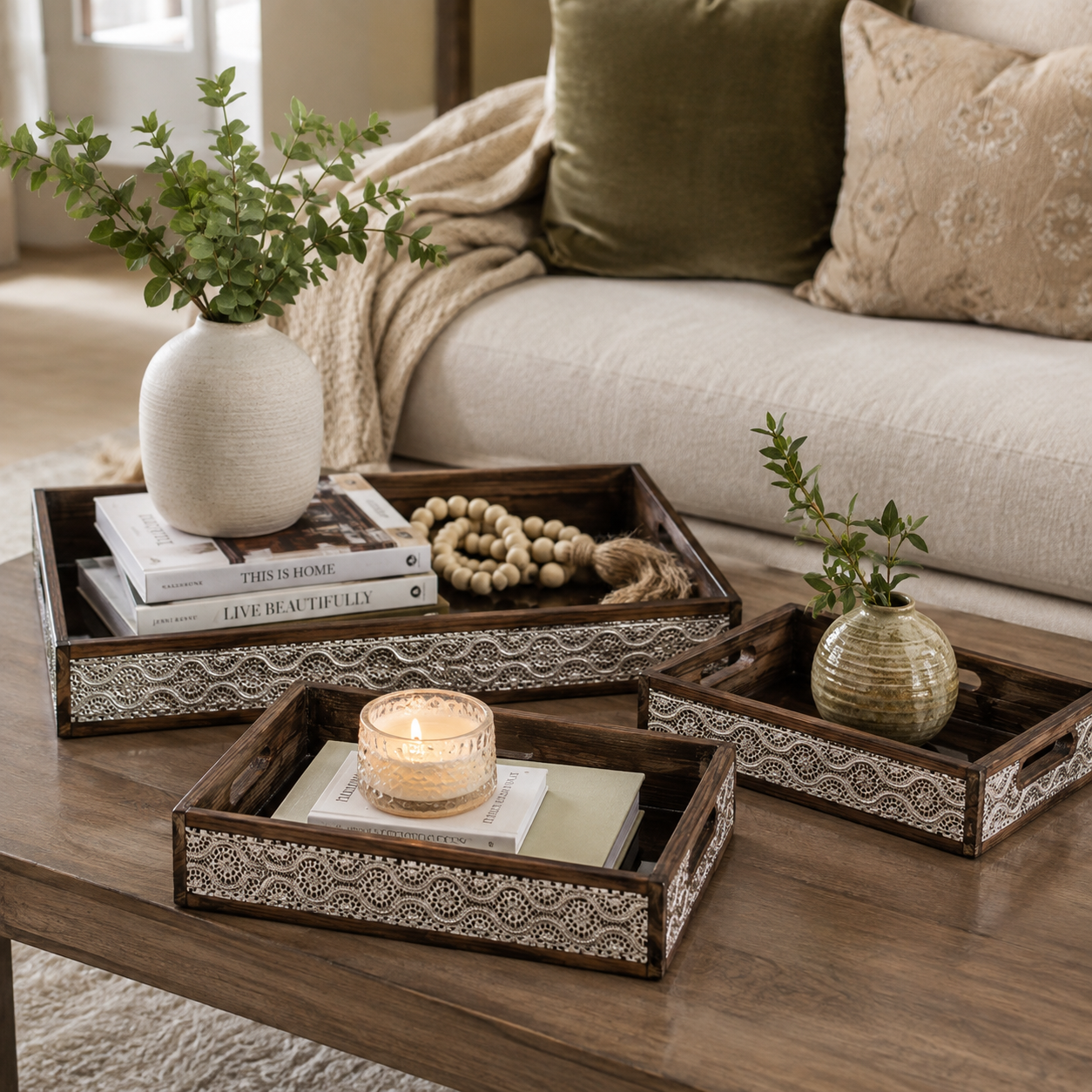 Kyra Mirrored Wood Tray Set (Set of 3)