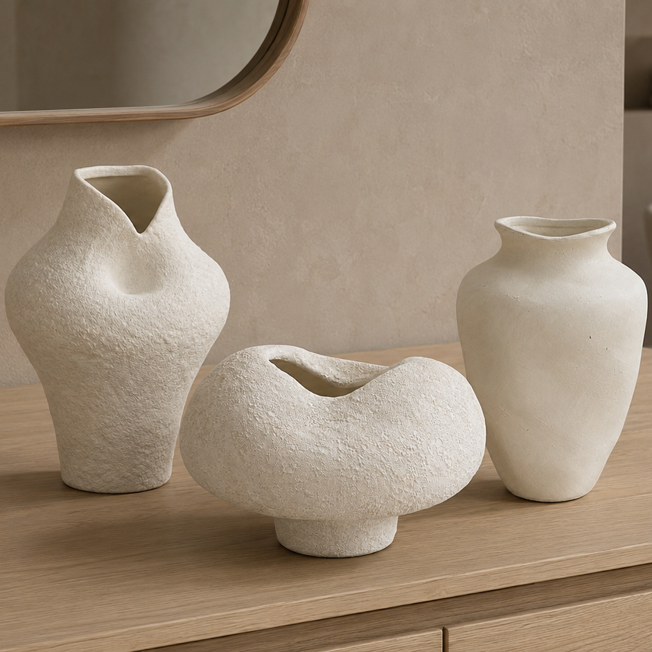 Three textured off-white ceramic vases displayed on a light wood vanity in a modern bathroom setting.