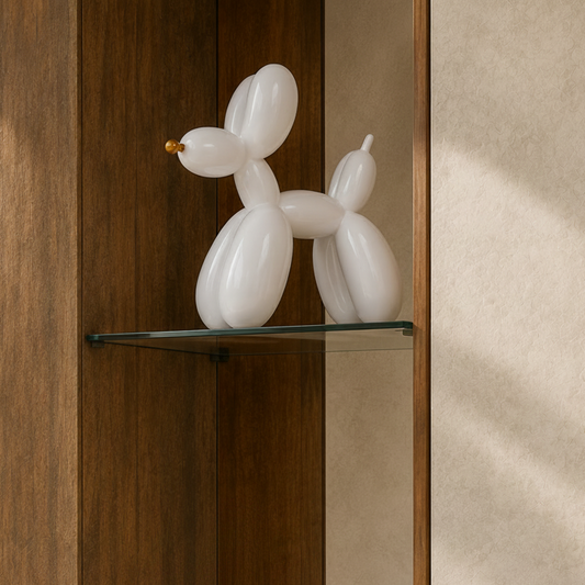 A white balloon dog sculpture displayed on a glass shelf within a wooden cabinet, next to a textured beige wall.