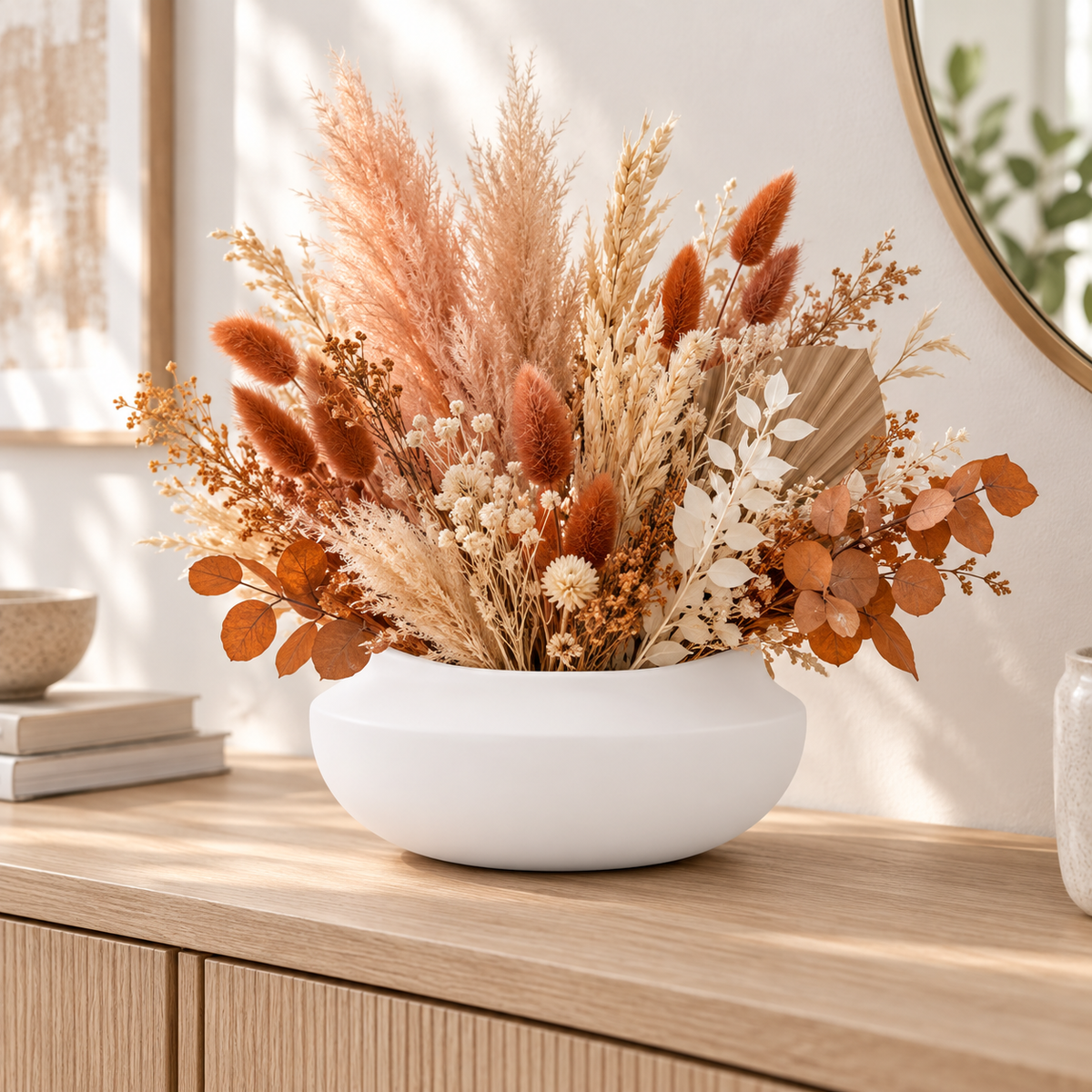 A decorative dried floral arrangement in a round white ceramic vase, placed on a light wood console table in a bright, modern room.