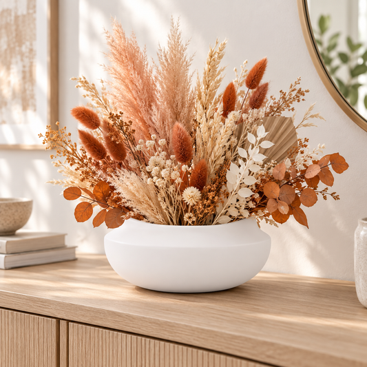 A decorative dried floral arrangement in a round white ceramic vase, placed on a light wood console table in a bright, modern room.