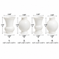 Four white ceramic vases shown with dimension arrows and labels indicating height, diameter, and width on a white background.