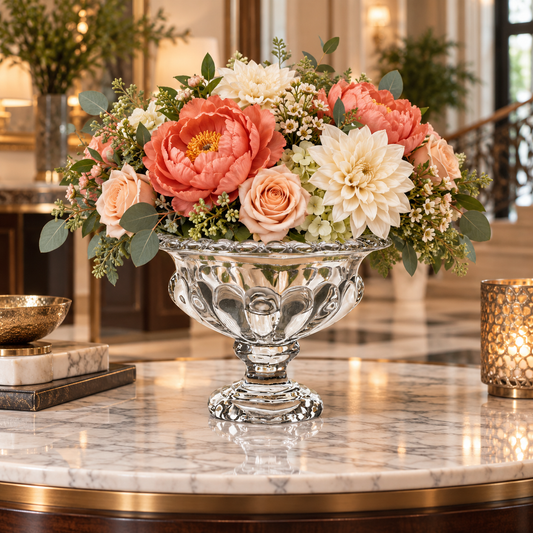 A large floral arrangement in a clear faceted pedestal bowl, set on a marble table in an elegant indoor setting. The bouquet features coral peonies, blush roses, white dahlias, and green foliage.