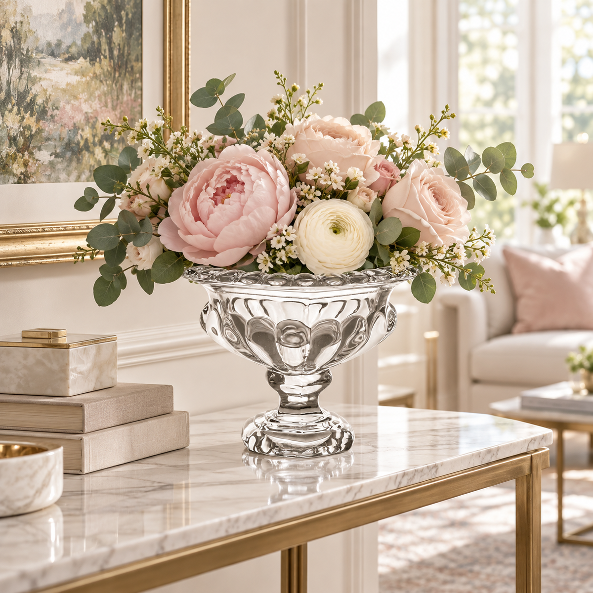 A clear glass pedestal bowl filled with a floral arrangement of pink and cream roses, ranunculus, and green eucalyptus, displayed on a marble and gold console table in a bright, elegant living room.