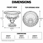 A dimension diagram showing a clear glass pedestal bowl from front and top opening views, with labeled measurements for height, width, and length on a white background.