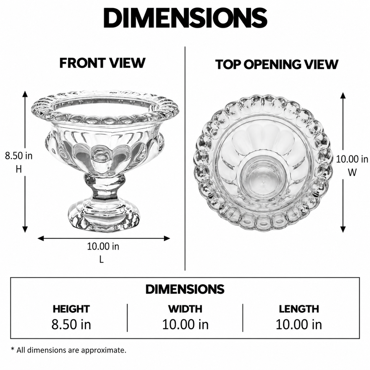 A dimension diagram showing a clear glass pedestal bowl from front and top opening views, with labeled measurements for height, width, and length on a white background.