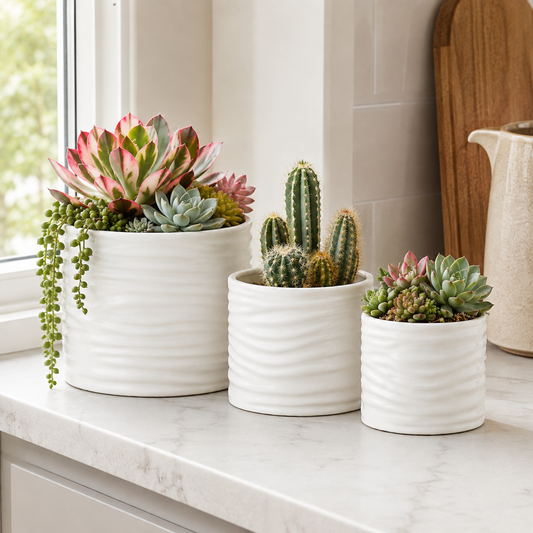 Rhesia Gloss Ribbed Ceramic Pot (Set of 3)