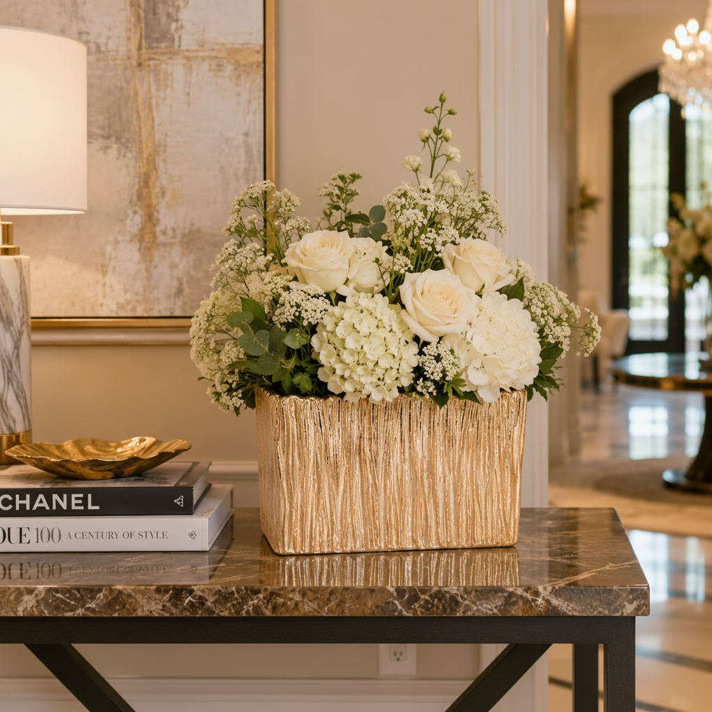 A luxury floral arrangement of white roses, hydrangeas, and eucalyptus in a textured gold rectangular vase, displayed on a marble console table in an elegant interior setting.