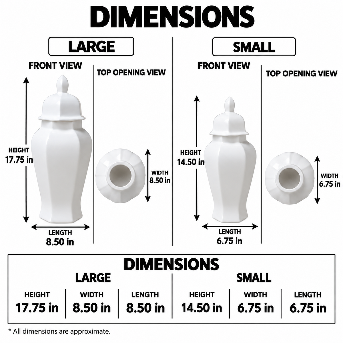 A dimension chart showing large and small white urns with front and top opening views, labeled with height and width measurements on a white background.