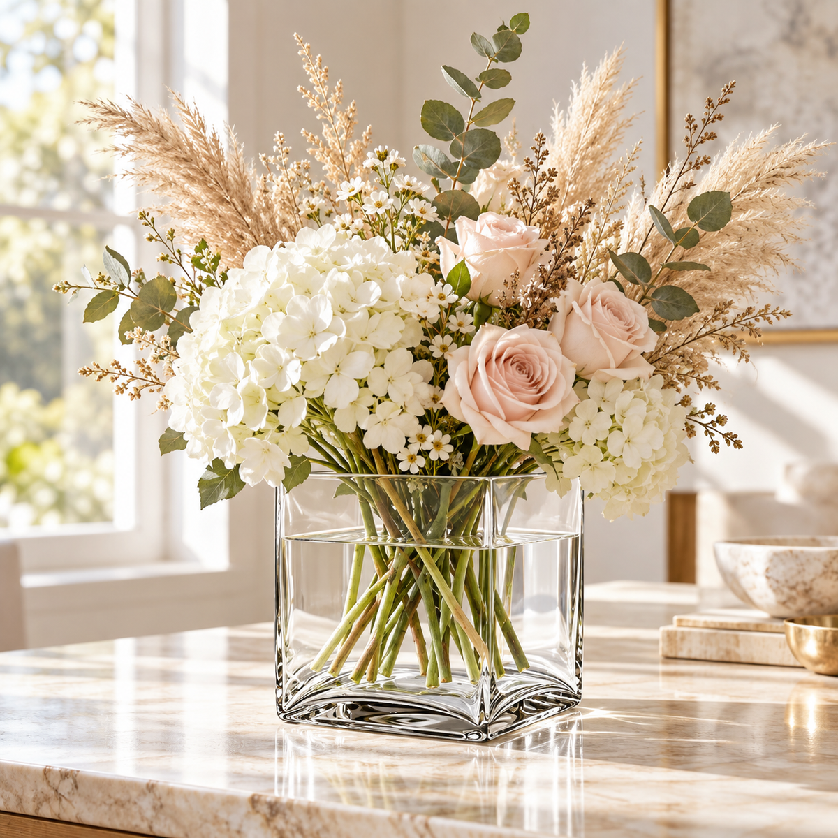 A floral arrangement in a clear square glass vase on a marble countertop, featuring white hydrangeas, blush pink roses, pampas grass, and green foliage in a bright indoor setting.