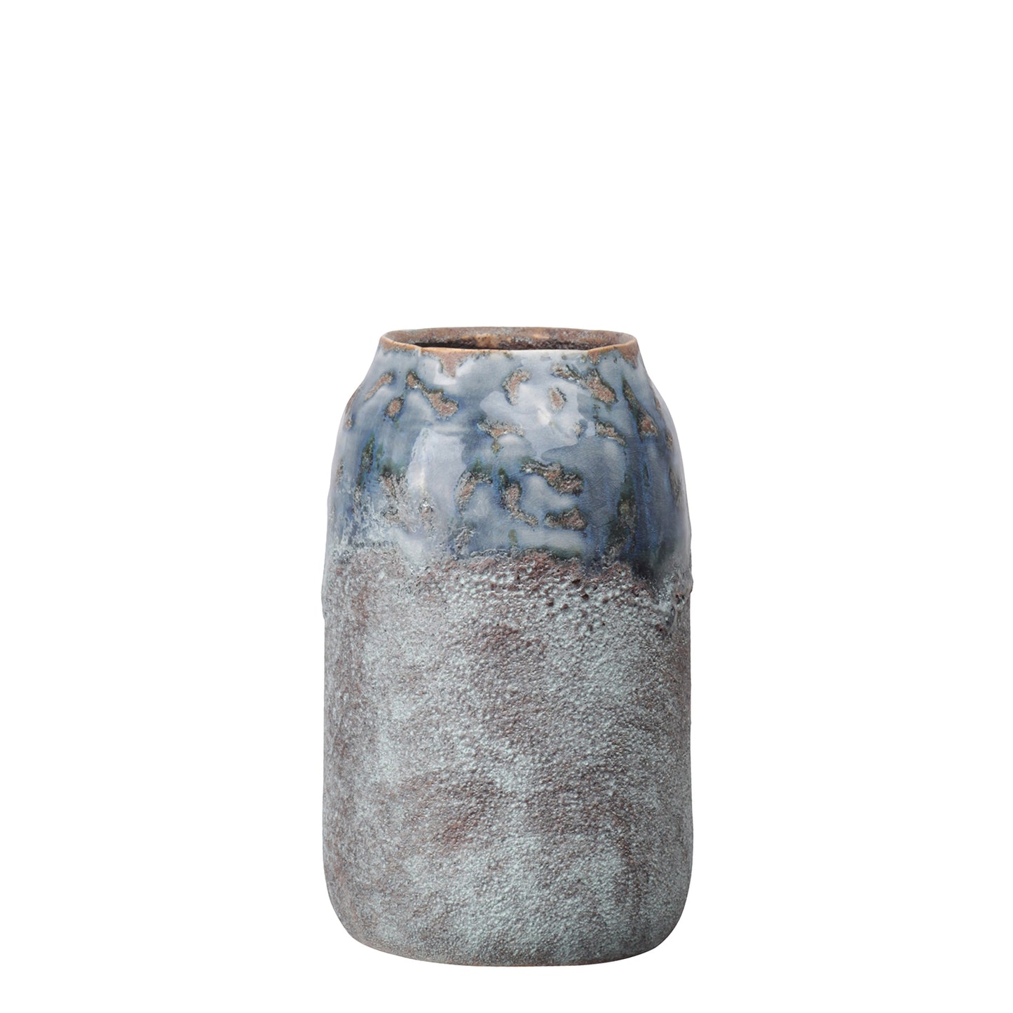 Ceramic vase with textured blue and gray design on a white background