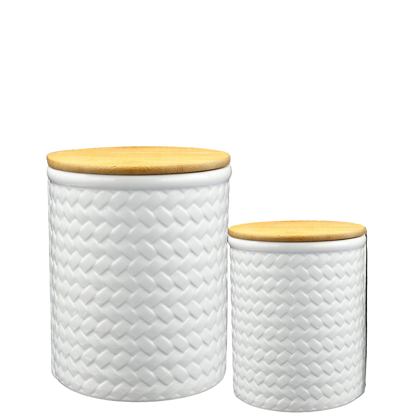 Briora Ceramic Round Canister with Brown Lid – White Diagonal Weave Design (Set of 2)