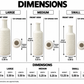 A dimension chart for a textured white ceramic vase, showing measurements for large, medium, and small sizes including front view, top opening view, height, width, and length.