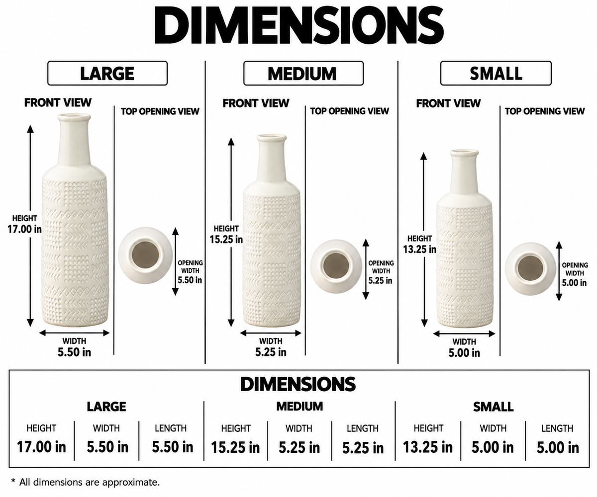 A dimension chart for a textured white ceramic vase, showing measurements for large, medium, and small sizes including front view, top opening view, height, width, and length.