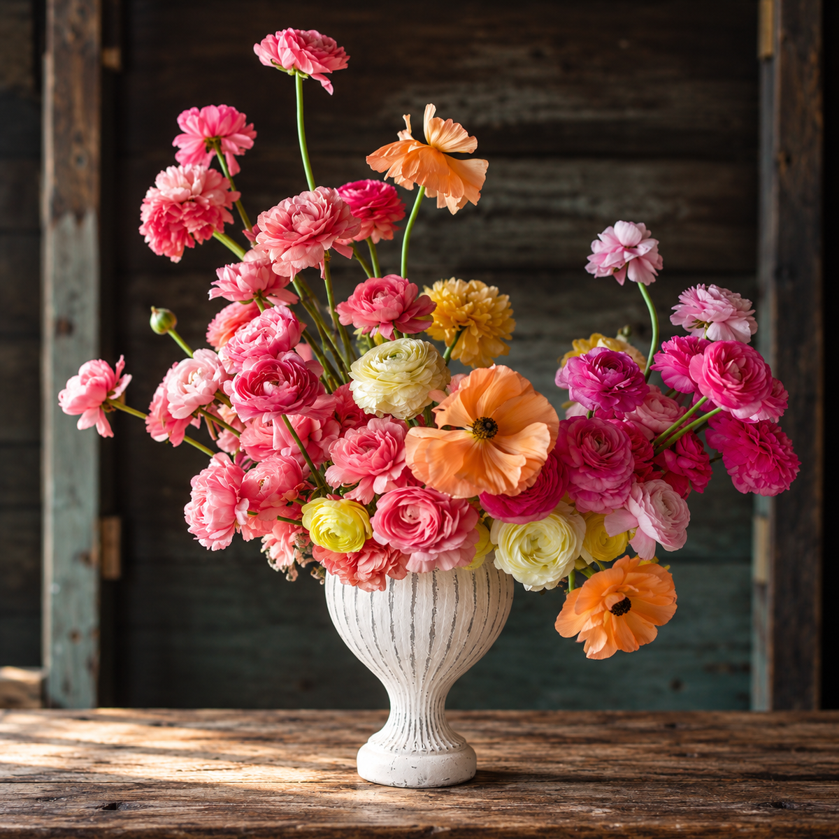 A vibrant floral arrangement of pink, orange, yellow, and white flowers in a ribbed white ceramic vase, set on a rustic wooden table against a dark weathered wood background.