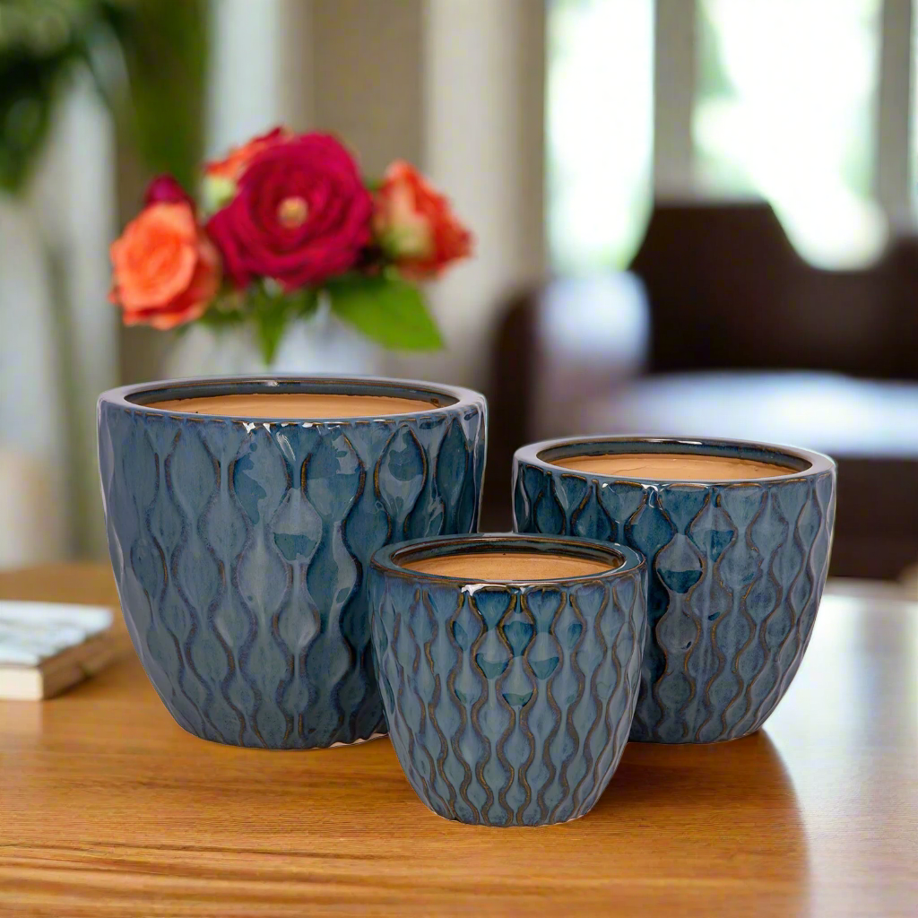 Zorina Blue Ceramic Planter Set (Set of 3)