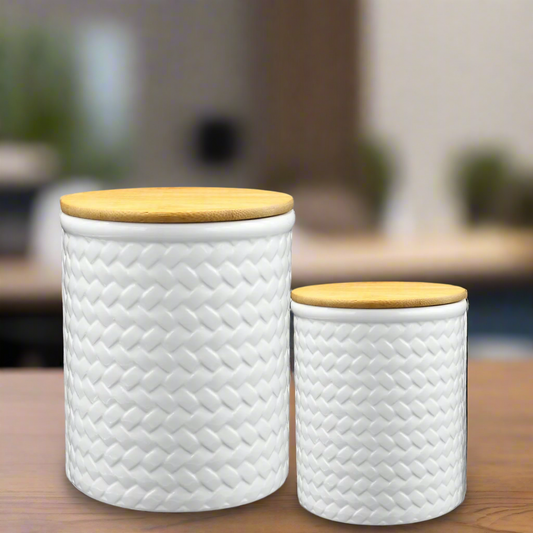 Briora Ceramic Round Canister with Brown Lid – White Diagonal Weave Design (Set of 2)