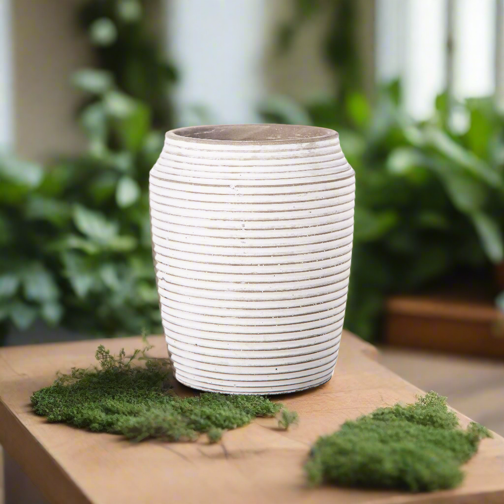 Addie Cement Round Pot with Embossed Stripe Pattern Design