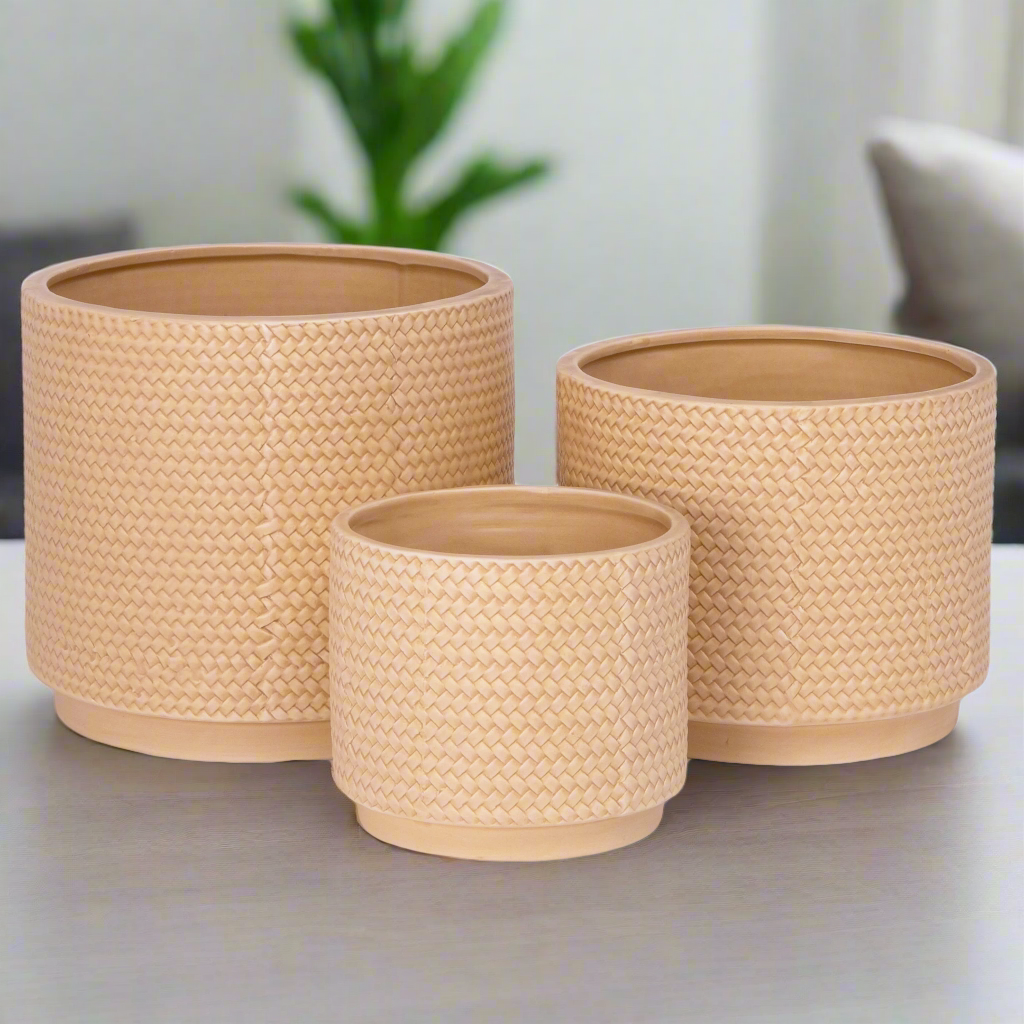 Irene Ceramic Embossed Round Pot Set (Set of 3)