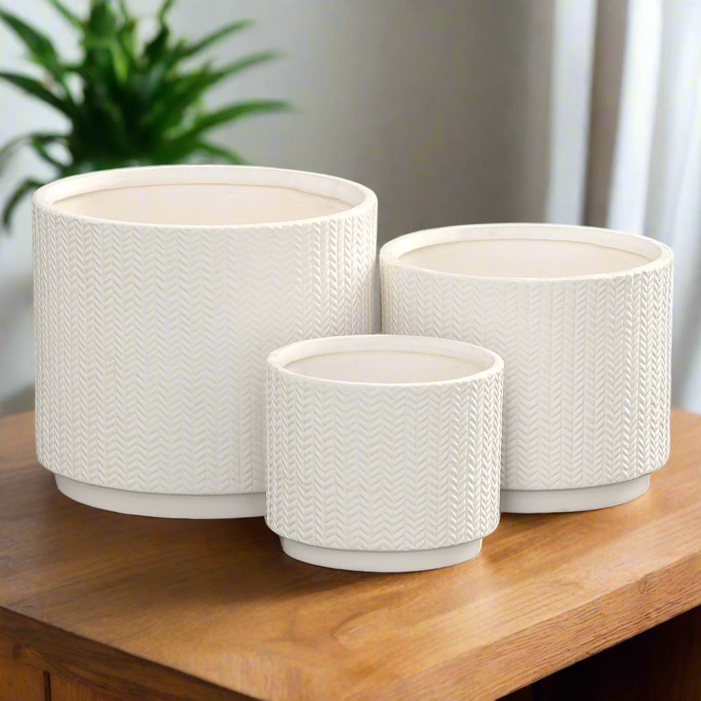 Irene Ceramic Embossed Round Pot Set (Set of 3)