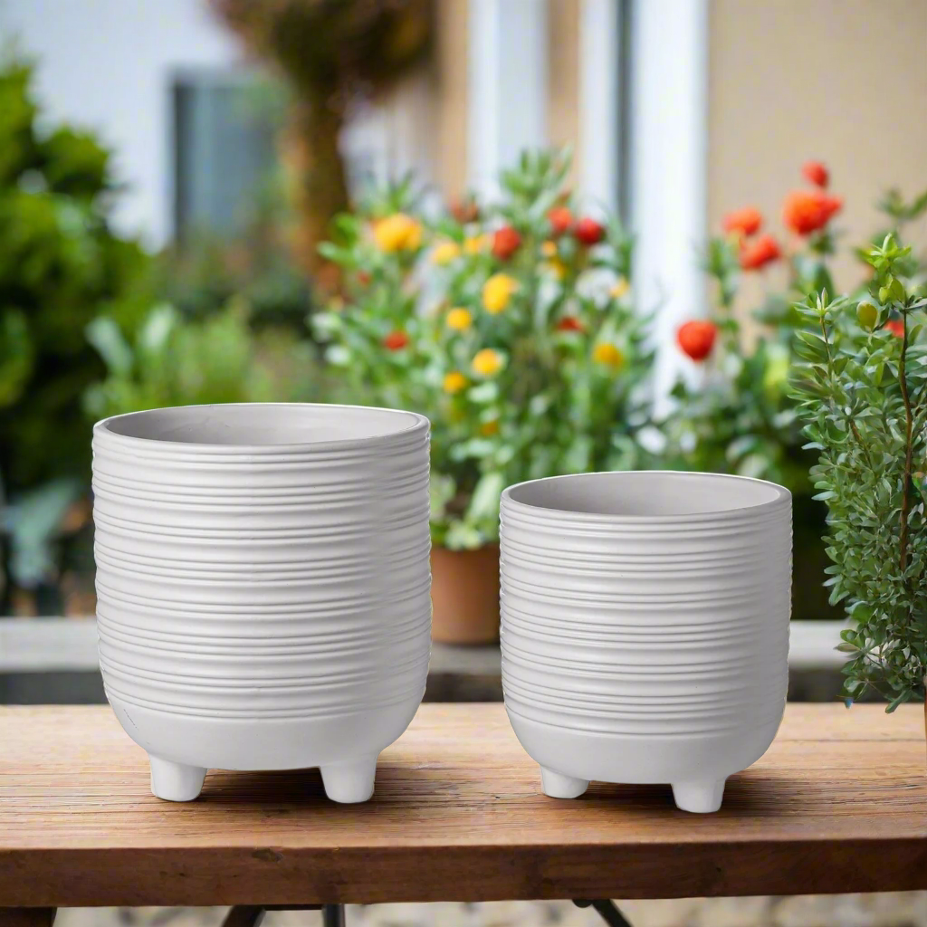 Varenne White Striped Tripod Planter Set (Set of 2)