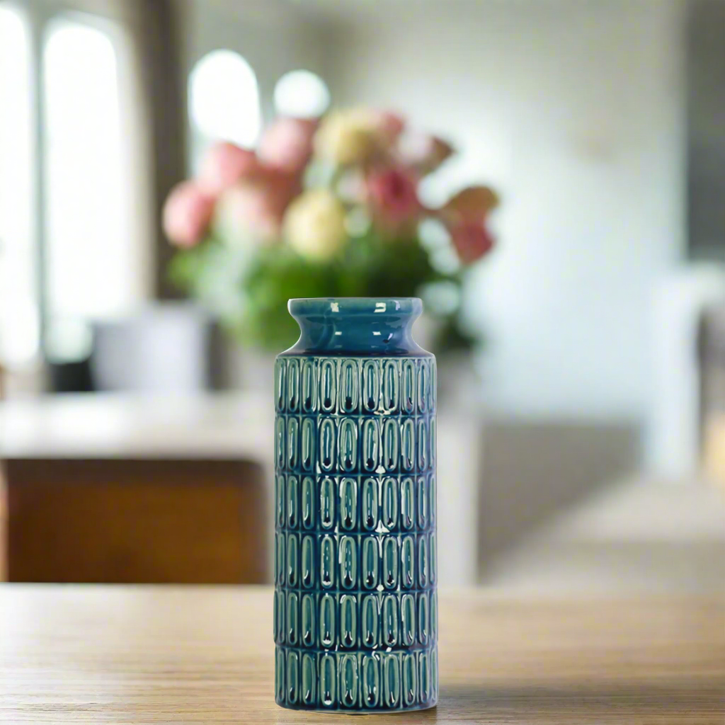 Klair Ceramic Round Vase with Embossed Banded Oval Pattern