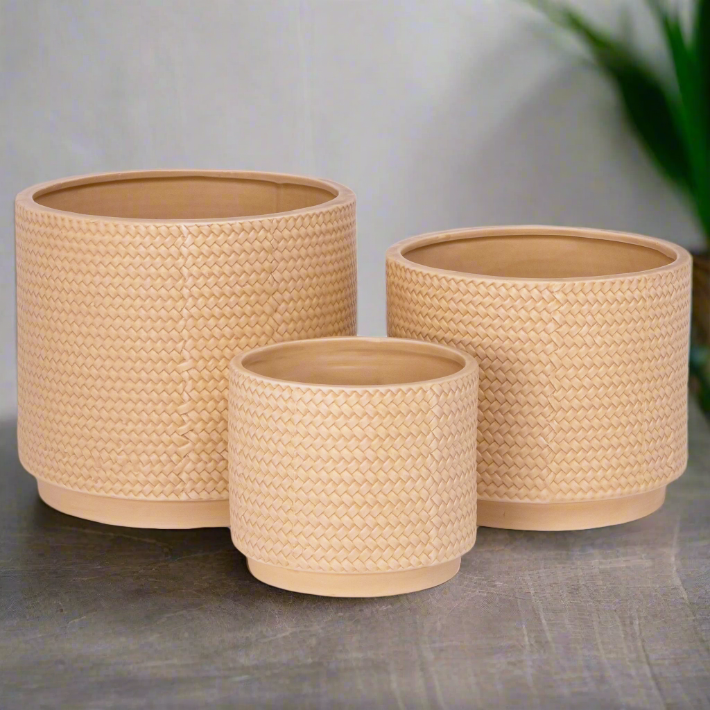 Irene Ceramic Embossed Round Pot Set (Set of 3)