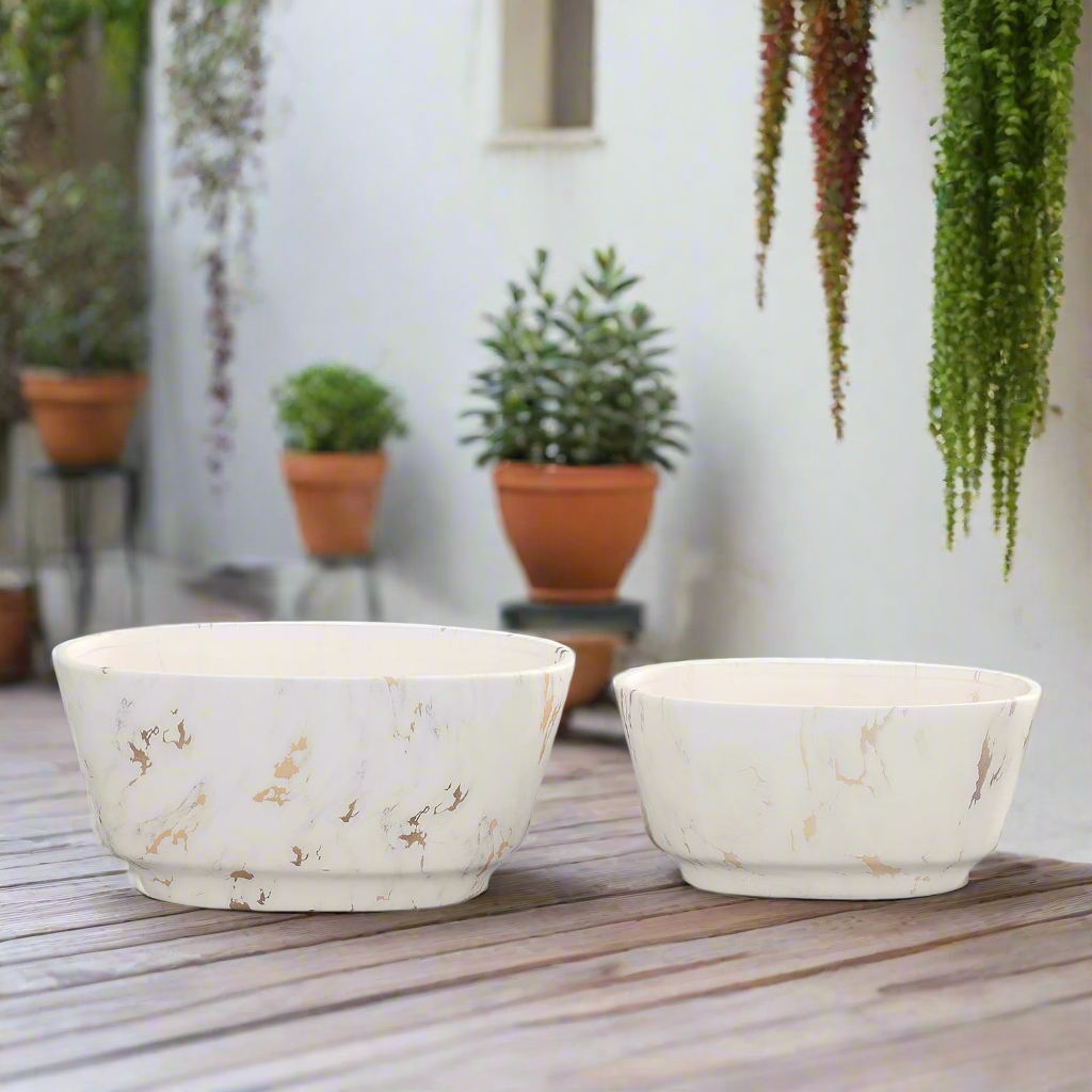 Rosven White Marble Oval Pot Set (Set of 2)