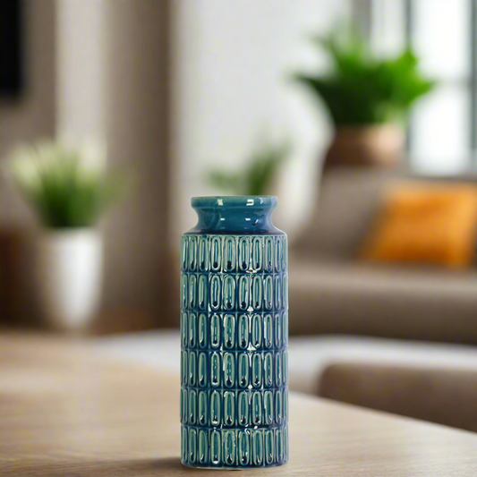 Klair Ceramic Round Vase with Embossed Banded Oval Pattern
