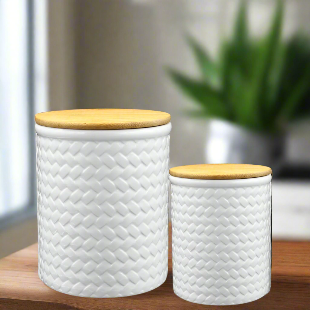 Briora Ceramic Round Canister with Brown Lid – White Diagonal Weave Design (Set of 2)