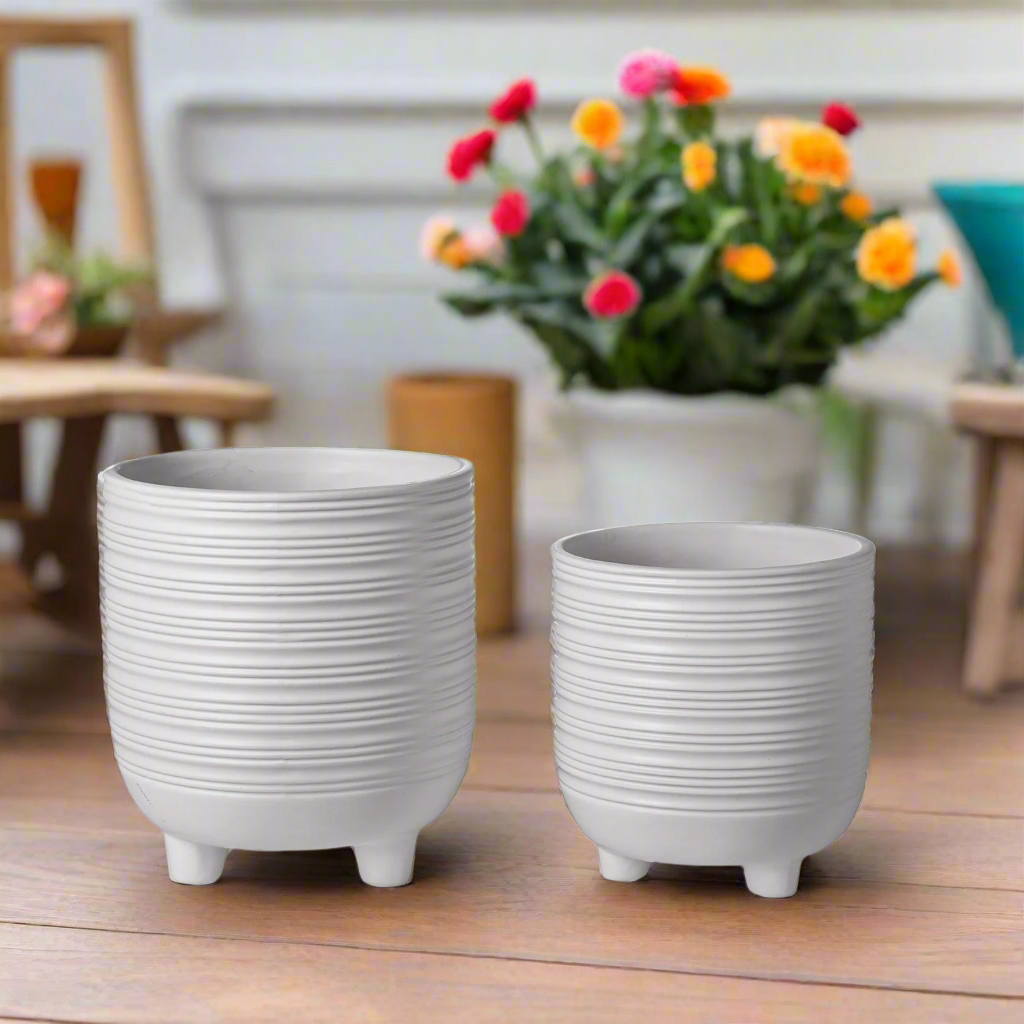 Varenne White Striped Tripod Planter Set (Set of 2)