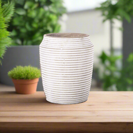 Addie Cement Round Pot with Embossed Stripe Pattern Design