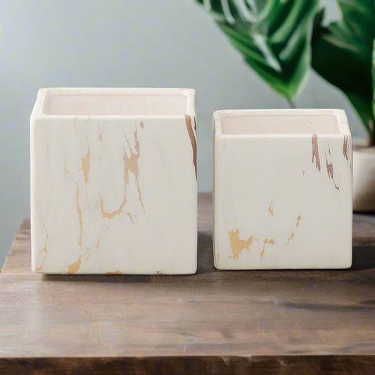 Rosair Ceramic Square Marble Planter Set (Set of 2)