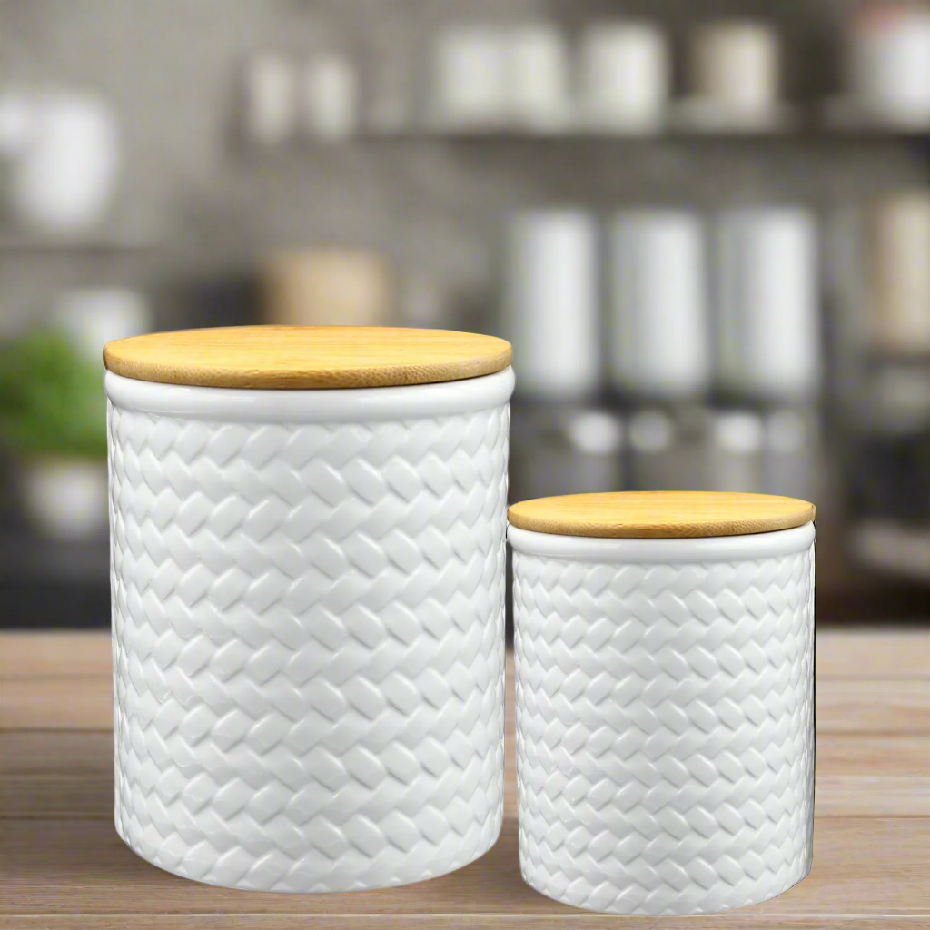 Briora Ceramic Round Canister with Brown Lid – White Diagonal Weave Design (Set of 2)