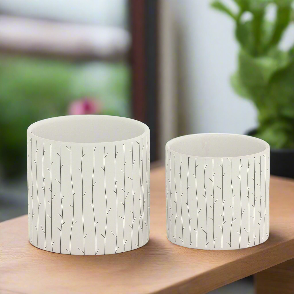 Branwyn White Ceramic Winter Branch Planter Set (Set of 2)
