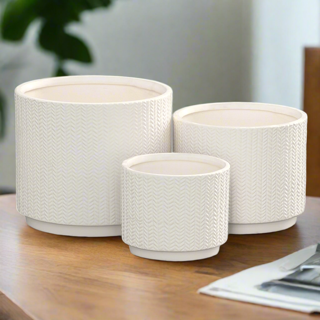Irene Ceramic Embossed Round Pot Set (Set of 3)
