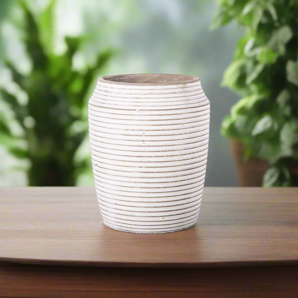 Addie Cement Round Pot with Embossed Stripe Pattern Design