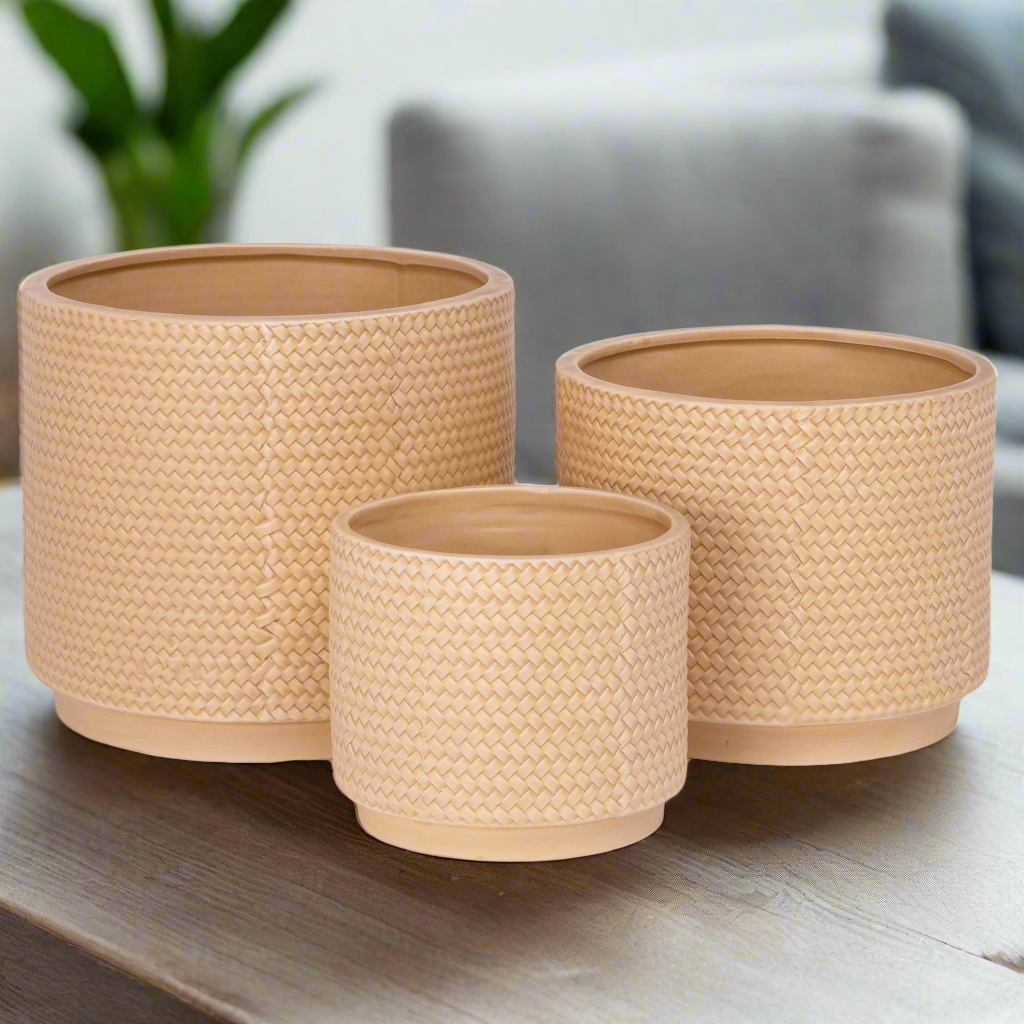 Irene Ceramic Embossed Round Pot Set (Set of 3)