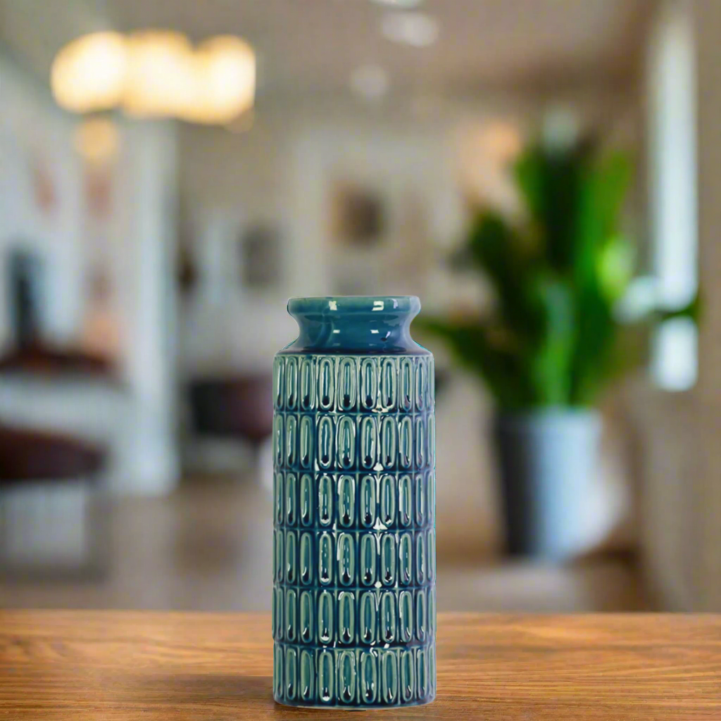 Klair Ceramic Round Vase with Embossed Banded Oval Pattern