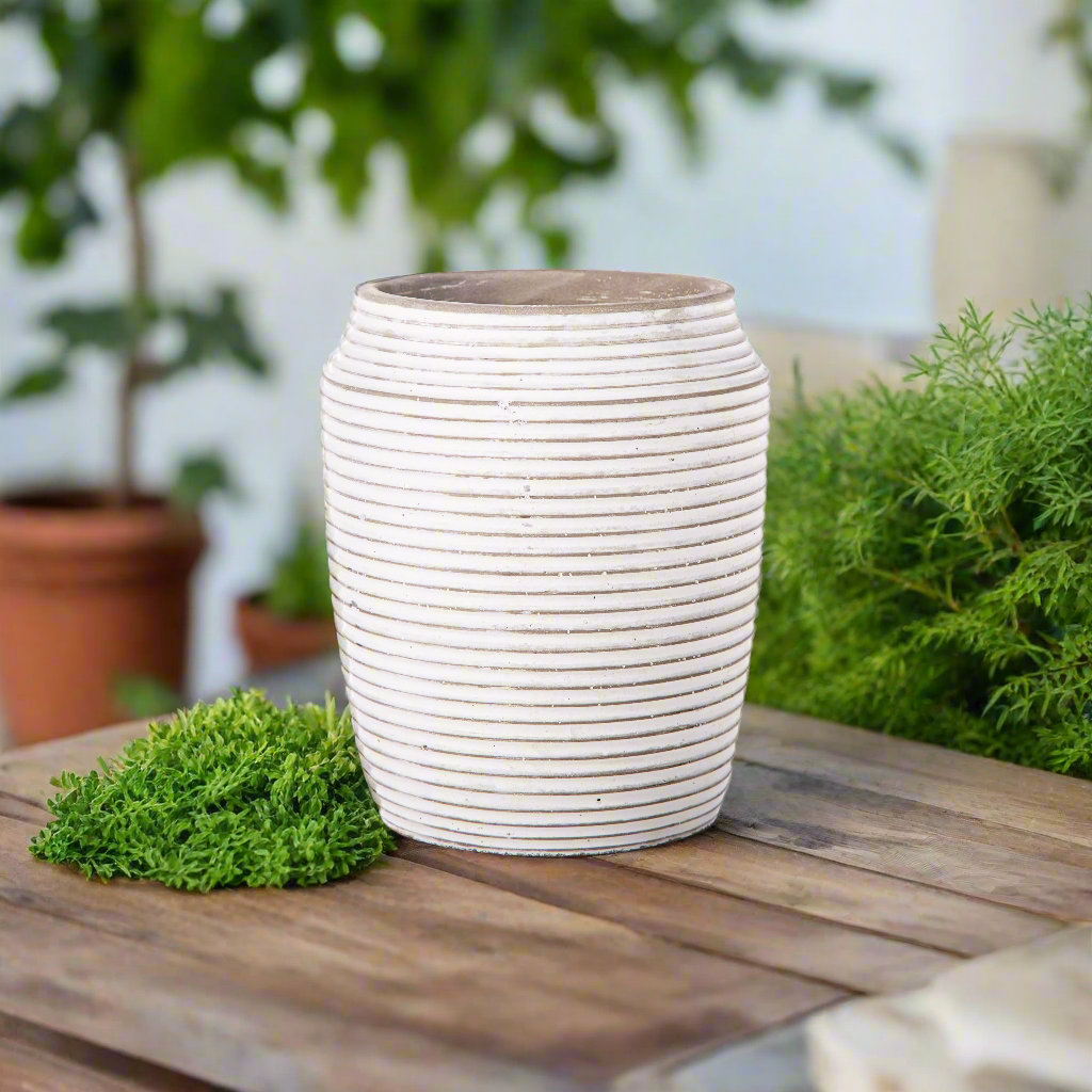 Addie Cement Round Pot with Embossed Stripe Pattern Design