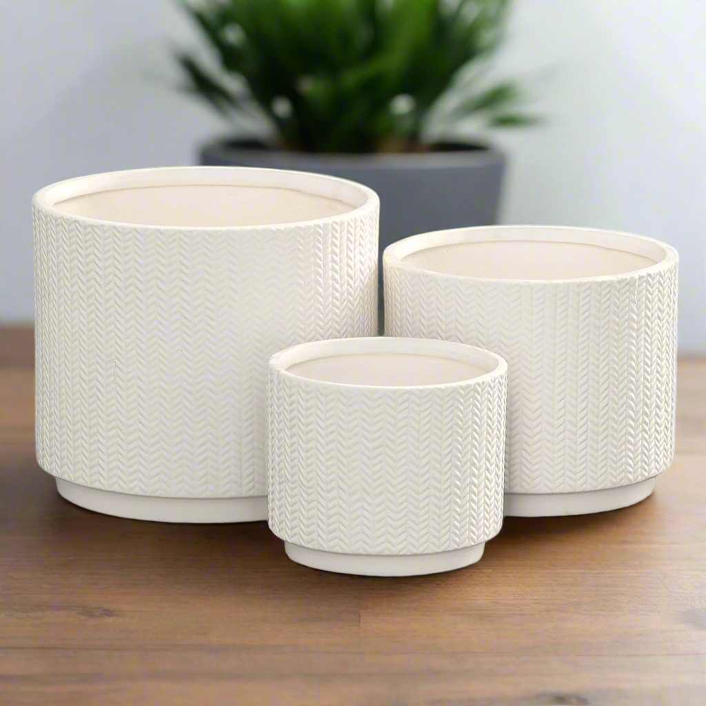 Irene Ceramic Embossed Round Pot Set (Set of 3)