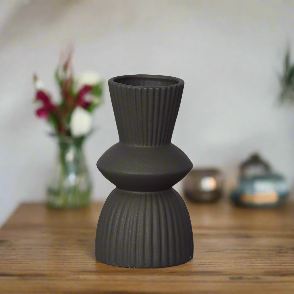 Veridia Ceramic Round Vase with Trumpet Mouth and Debossed Line Column Design