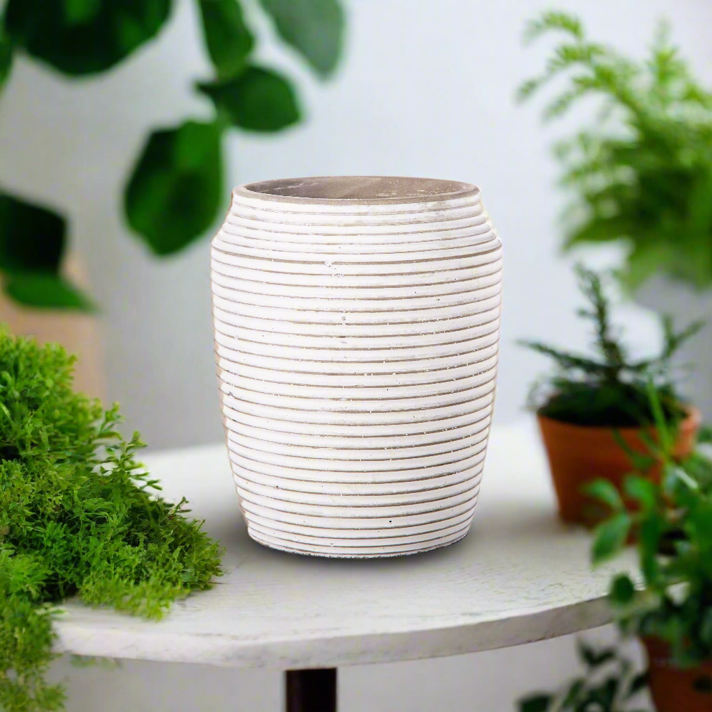 Addie Cement Round Pot with Embossed Stripe Pattern Design