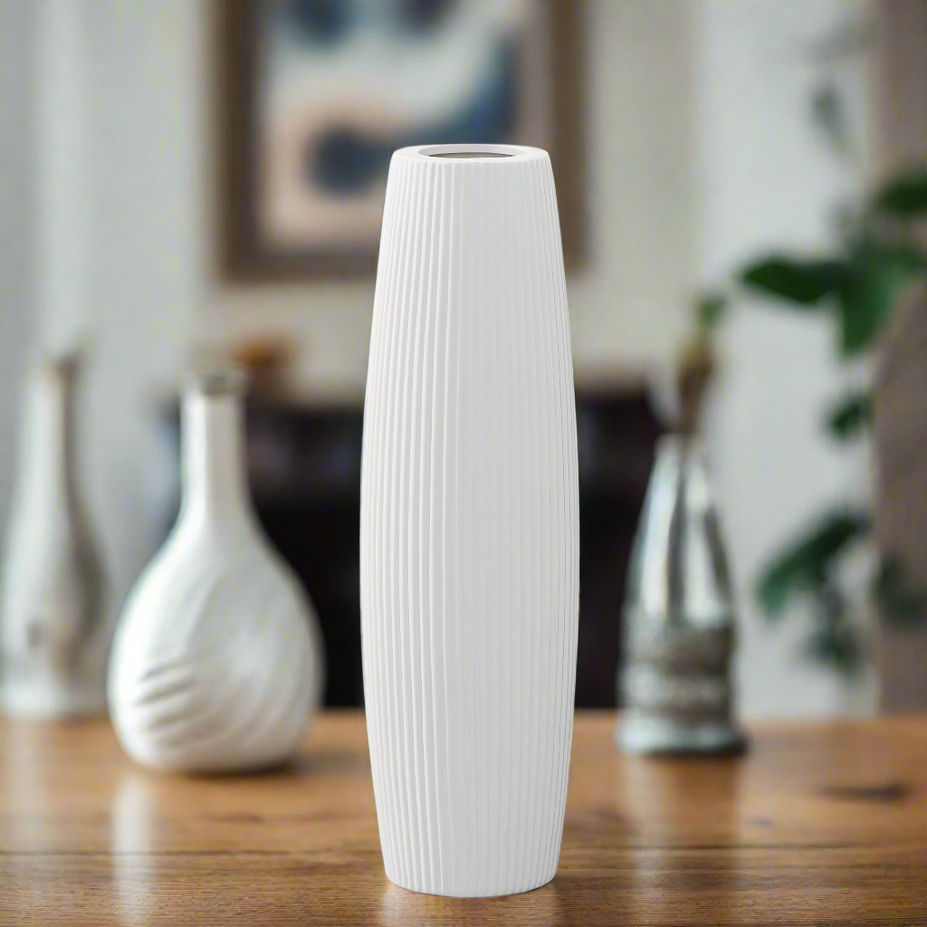 Carlisha Ceramic Bellied Round Vase with Ribbed Design and Tapered Bottom