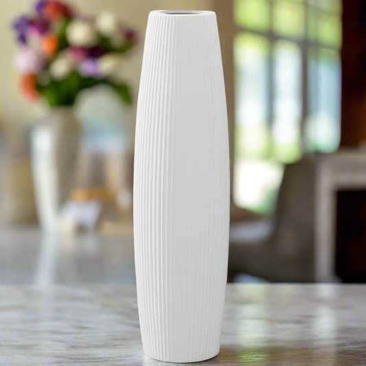 Carlisha Ceramic Bellied Round Vase with Ribbed Design and Tapered Bottom